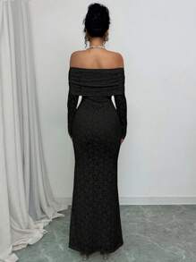 Elenzga Sexy Elegant1pc Women's Lace Off Shoulder Long Sleeve Long Dress Maxi Dress, Suitable For Romantic Dates And Vacations - Black - View 2