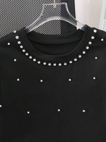 SHEIN LUNE Áo hai dây trang trí bằng đá quý và ngọc trai giả thanh lịch dành cho nữ, mùa hè - màu đen - Xem 6