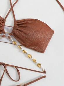 Elenzga Bikini de dos piezas para mujer con diseño nuevo y sexy, con escote halter, corte cruzado en frente y espalda, con lentejuelas doradas y plateadas, tirantes tipo espagueti, estilo brasileño - Marrón - Ver 7