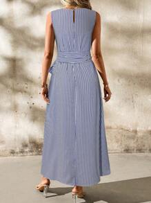 SHEIN Clasi 女士亚麻条纹圆领腰结口袋无袖宽松休闲连衣裙，适合各种场合穿着，休闲通勤和旅行 - 藍白色 - 查看 2