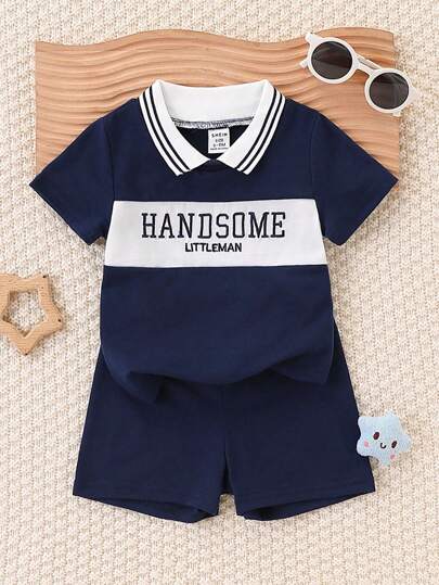 SHEIN Playful Pals 2 件套男婴休闲双色字母刺绣 Polo 衫和短裤，可爱舒适，适合春夏季、户外、拍照、派对、日常穿着