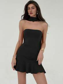 Aloruh 浪漫约会之夜/情人节女士荷叶边露肩迷你紧身连衣裙 - 黑色 - 查看 5