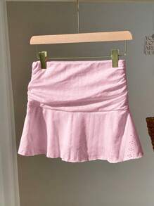 Comfortcana Summer Casual Solid Color Perforated Textured Ruched A-Line Mini Skirt - Pink - View 6