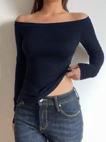 SHEIN BASICS Women's Casual Solid Color Off-Shoulder Long Sleeve Fitted Regular Blouse Navy Blue - Navy Blue - View 4