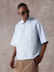 SUMWON Camisa de cuadros de corte boxy casual, ligera para el verano, con botones, apropiada para la oficina y el uso diario, de manga corta, estampada, con estilo y transpirable - Azul - Ver 6