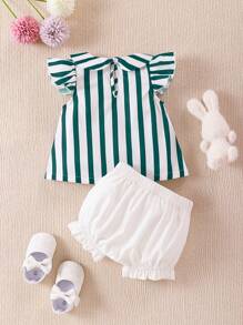 SHEIN 2 Stücke Baby Mädchen niedliches marineblau-stiliges Set mit Peter Pan Kragen Kurzarmshirt und Shorts - Dunkelgrün - Übersicht 2