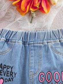 Conjunto de bebé niña de verano compuesto por camiseta de tirantes de unicolor y jeans de mezclilla desgastados con estampado de corazón - Rosa Fucsia - Ver 4