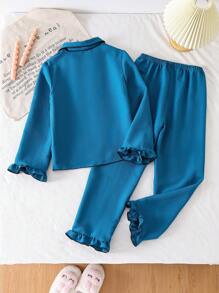 2 件套青少年女孩蓝色带黑色装饰休闲荷叶边领长袖上衣和裤子舒适家居服套装 - 藍色 - 查看 2