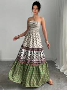 Women Bohemian Style Dress With Bandeau Top, Casual Holiday Wear - Apricot - View 3