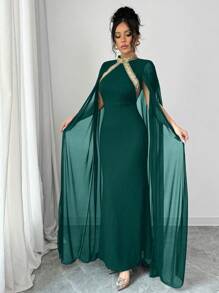 Elenzga 拼色装饰立领优雅蝙蝠袖美人鱼下摆时尚连衣裙，适合派对和宴会，女士长款女装 - 墨綠色 - 查看 6