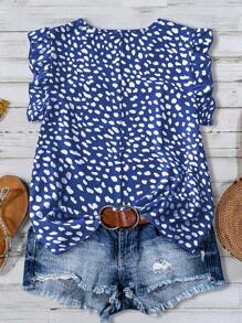 Plus Size Holiday Casual All-Over Print Ruffle Hem Shirt - Blue - View 2