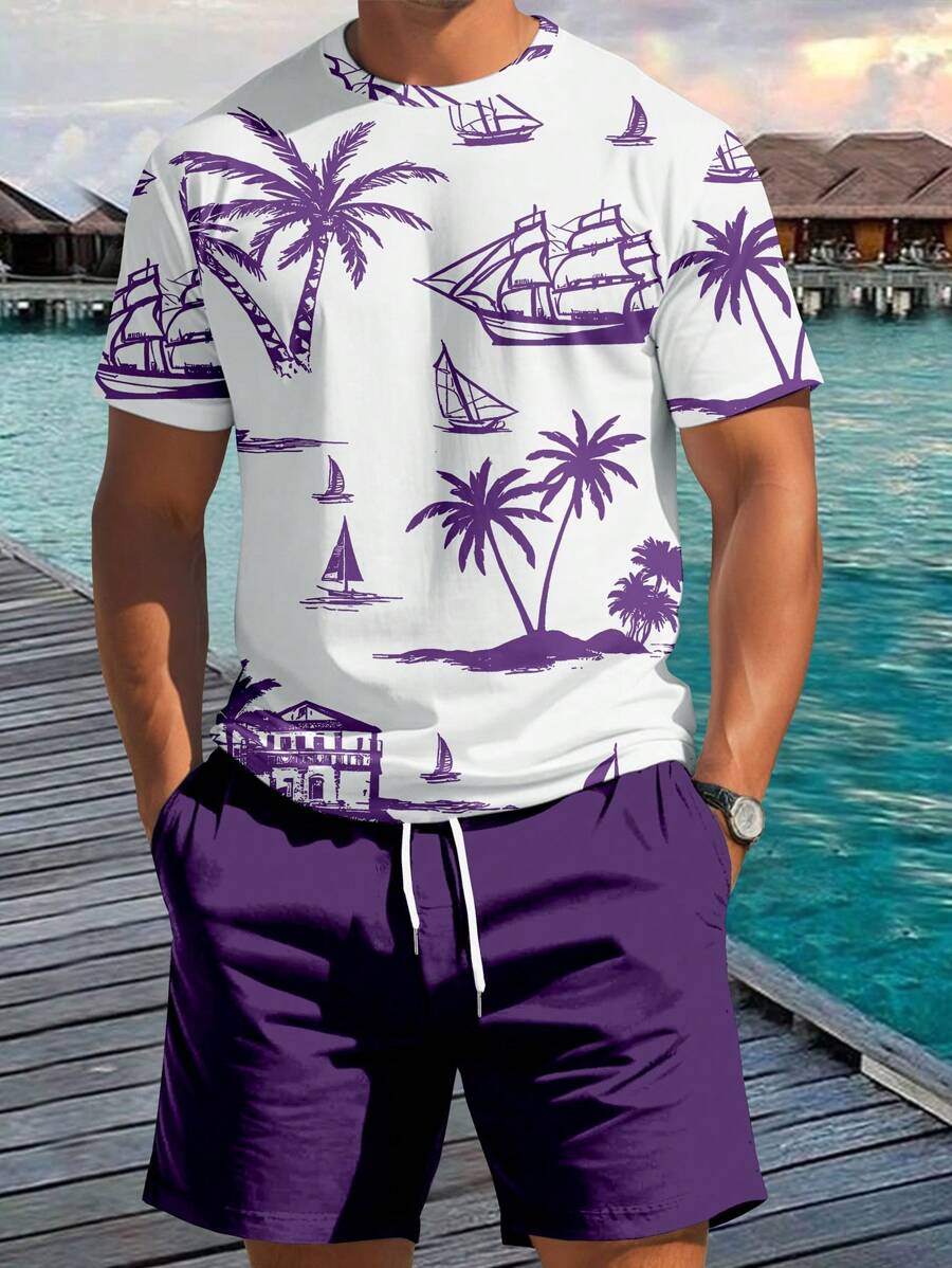 Manfinity RSRT Men's T-Shirt And Shorts Set, Casual And Stylish Suitable For Summer Men Vacation Sets Men Vacation Outfits Vacation Outfit For Men - Multicolor - View 1