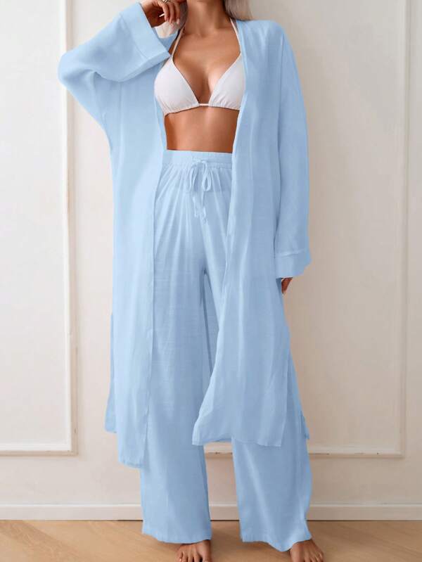 Swim Chiccia Women's Casual Solid Color Front Tie Loose Fit Kimono Cover Up For Summer Beach Vacation