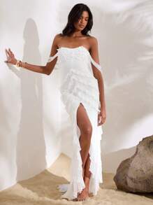 Opulessa Plain Knit Mesh Cropped Camisole Slit Ruffle Trim Dress For Women