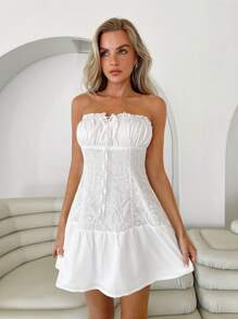 Roylia Women's Solid Color Contrast Mesh Embroidered Cinched Waist Halter Mini Dress, Slimming & Chic - White - View 3