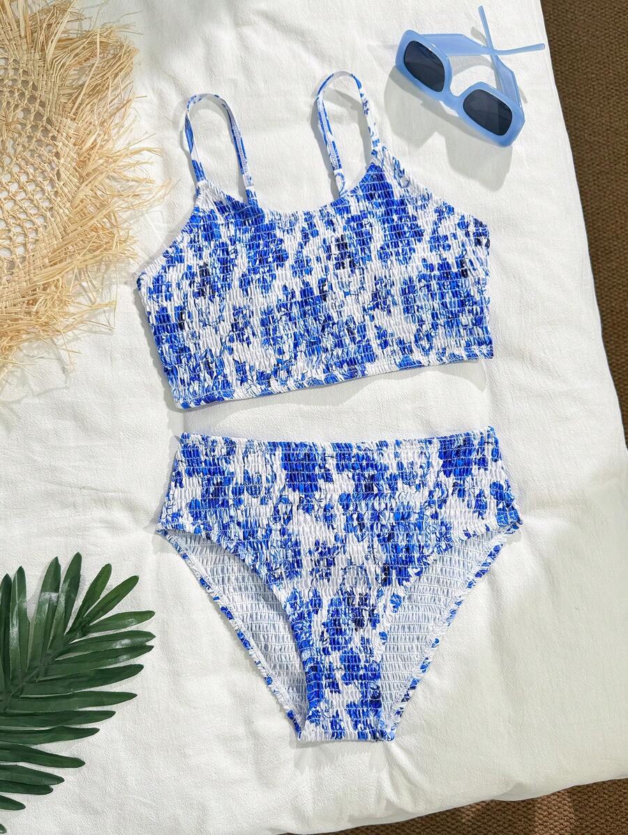 2pcs Set Teen Girl Retro Floral Print Bikini Swimsuit Set - Blue and White - View 1