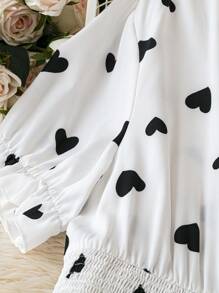 SHEIN LUNE Romantic Date  Floral Print Shirred Drawstring Waist Heart Shape Lover's Valentine's Day Dress - White - View 5