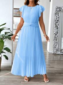 SHEIN Clasi Plus Size Women Elegant Solid Color Pleated Twist Dress - Blue - View 4