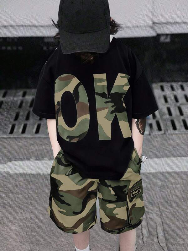 SHEIN 2pcs/Set Young Boys Casual Camouflage Letter Graphic Round Neck T-Shirt & Elastic Waist Cargo Pocket Shorts Set, Suitable For Autumn, Spring, Summer, Outdoor Play, School, Street Style, Party, Casual Wear