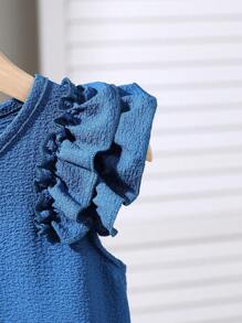 Genkimix Kids 少女纹理面料短袖休闲T恤 - 藍色 - 查看 3