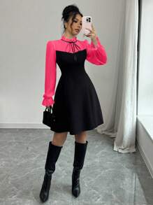 Elenzga 女式立领系带荷叶边下摆长袖雪纺蝴蝶结腰部修身及膝连衣裙