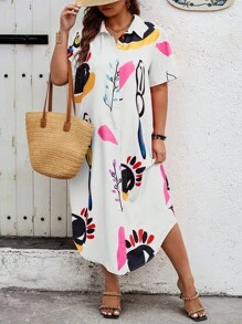 SHEIN Holidaya 大码女式时尚眼睛印花短袖衬衫裙长款女式服装