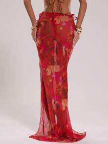 SHEIN BAE Women's Tie-Dye Printed Low-Waisted Drawstring Side Slit Swimsuit Wrap Skirt, Elegant Sexy, Spring/Summer New Arrival, Tulle Wraps, Holiday Clothes, Vacation Outfits Woman, Festival