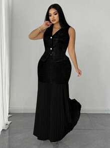 Celure Set da 2 pezzi per donna taglie forti, top a V e gonna lunga plissettata