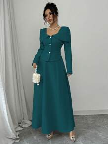 Elenzga Women's Solid Color Front Button Long Sleeve Top And Skirt Elegant 2 Pieces Set - Dark Green - View 1