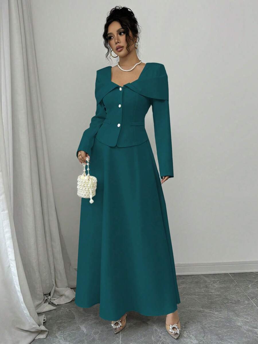 Elenzga Women's Solid Color Front Button Long Sleeve Top And Skirt Elegant 2 Pieces Set - Dark Green - View 1
