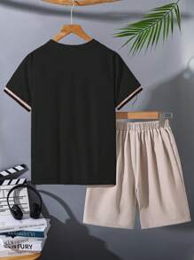 SHEIN 2pcs Tween Boys Casual Ribbon Pattern Short Sleeve Top And Shorts Set,Suitable For Commuting,Schooling,Daily Wear,Sports,Spring/Summer,Parties - Black - View 2