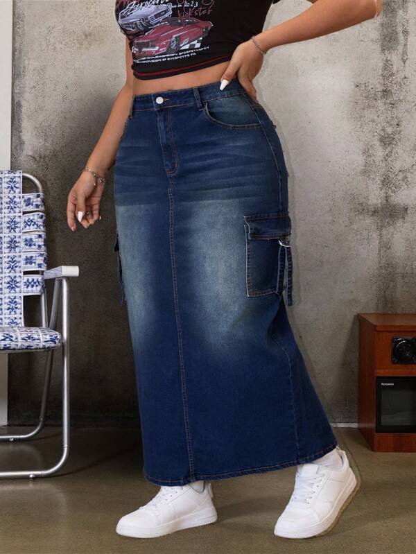 SHEIN ICON Plus Size Front Button Pocket Simple Casual Vintage Cargo Skirt
