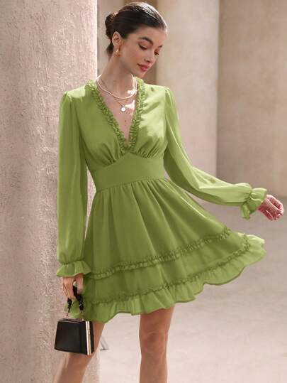 Aveloria Rosie V-Neck Ruffle Layered Romantic Elegant French Style Chiffon Long Sleeve Dress, Rose Pink