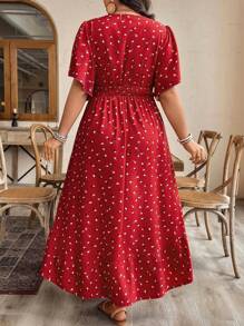 Breezaya Plus Size Women's V-Neck All-Over Print Ruffle Sleeve Asymmetric Hem Dress, Spring/Summer - Red - View 2