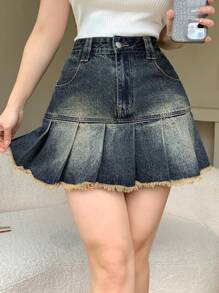 DAZY 女式复古水洗褶皱流苏下摆短款牛仔迷你裙牛仔裙秋冬 - 中等水洗藍 - 查看 7