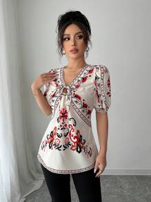 Elenzga Blusa con estampado floral, manga abullonada y nudo adelante para mujer, ideal para vacaciones