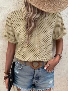 SHEIN LUNE 波尔卡圆点印花前扣休闲短袖衬衫，夏季