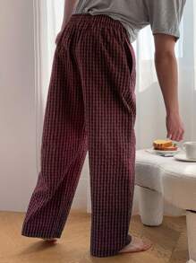 DAZY Men Plaid Textured Fabric Lounge Pants, Spring Home Wear Bottom - Red - View 2