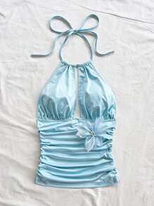 Soleia Women's Blue Vacation Knitted Halter Neck Blouse With Waist Ruching,Rave Top - Baby Blue - View 3