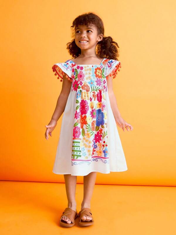SHEIN Young Girls' Colorful Vintage Flower Print Summer Dress
