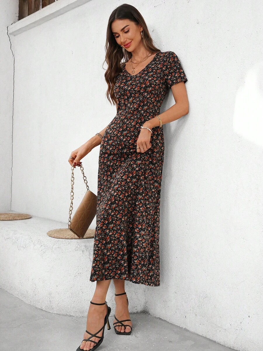 SHEIN Clasi Đầm dài họa tiết hoa thanh lịch dành cho nữ, mùa hè - màu đen - Xem 1