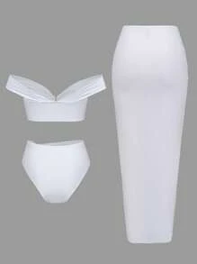 Swim Oasis 3 件套夏季度假纯色性感金色配饰抹胸露肩比基尼 + 高腰前扭纹镂空长裙 - 白色 - 查看 2