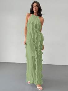Aloruh Elegante vestido de volantes de múltiples capas para vacaciones, con estilo fluido y divino, para primavera/verano - Verde - Ver 6