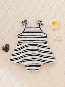 SHEIN Playful Pals Baby Girls' Casual Cute Knit Striped Soft Ruffle One-Piece Bodysuit, Suitable For Spring/Summer Outings And Everyday Wear - Apricot - View 2