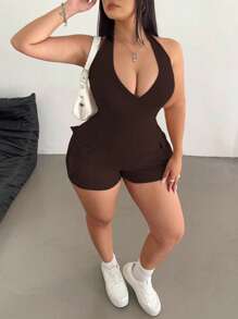 Flirla Neck Hanging Knitted U-Neck Multi-Pocket Jumpsuit - Brown - View 4