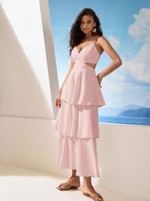 Aveloria Rosie 度假休闲纯色镂空细肩带连衣裙波西米亚风海滩时尚风格淡粉色夏季 - 淺粉色 - 查看 3