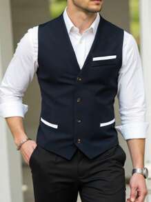 Manfinity Mode Men's Plain Color Patchwork Front Button Pocket Casual Vest Men Dress Vest - Navy Blue - View 1