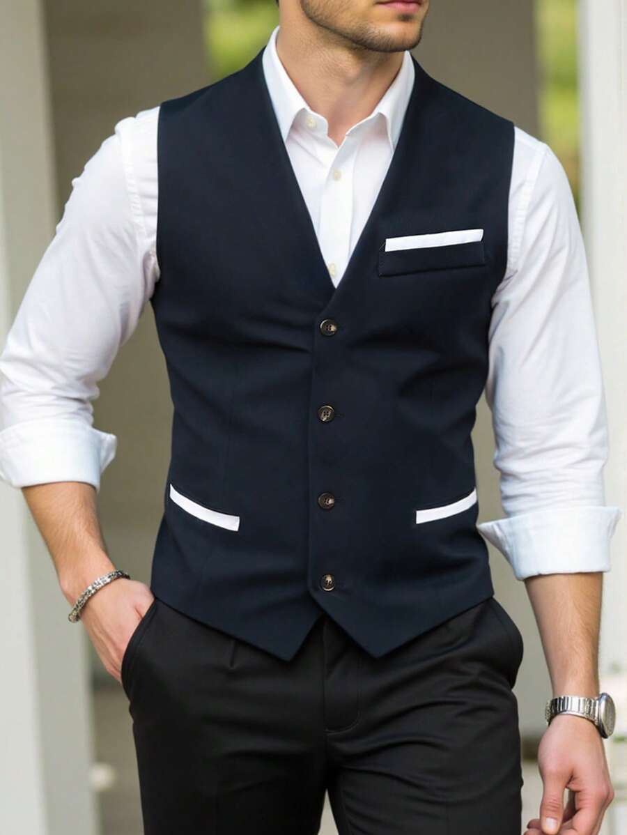 Manfinity Mode Men's Plain Color Patchwork Front Button Pocket Casual Vest Men Dress Vest - Navy Blue - View 1