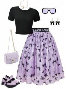 2pcs Tween Girls Ribbed Knit Short Sleeve Top Matched With Sequined Butterfly Fabric Skirt Set, Suitable For Daily Commute, Gatherings, Casual Outings Outfit For Girl