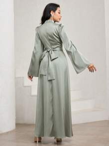 Veilorie Women's Solid Color Stand Collar Lantern Sleeve Elegant Arabian Dress Women Formal Party - Green - View 3